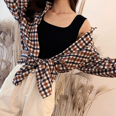 

Women Vintage Plaid Print Lapel Shirt Loose Single-breasted Long Sleeve Elegant Blouse