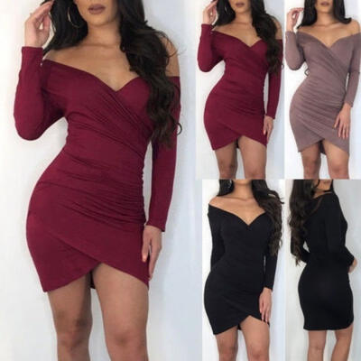 

Sexy Off Shoulder V Neck Long Sleeve A-Line Evening Gowns Cocktail Swing Dress for Women Lady