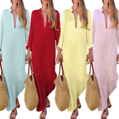 

Women Peasant Ethnic Boho Cotton Linen Long Sleeve Maxi Dress Gypsy Blouse Shirt