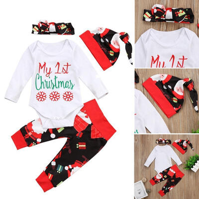 

Christmas Newborn Baby Boy Girl Santa Tops Romper Bodysuit Pants Hat Headbands Outfits Set Clothes