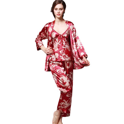 

Toponeto Women Simulation Silk Print Pajamas Three-Piece Long-Sleeved Trousers Camisole
