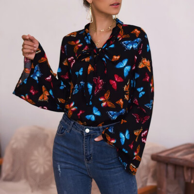 

Autumn New Bow Tie Butterfly Print Trumpet Sleeve Long Sleeve Shirt