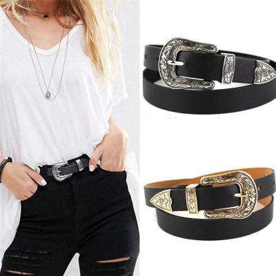 

Hup Women Black Leather Western Cowgirl Waist Belt Waistband Single Metal Buckle