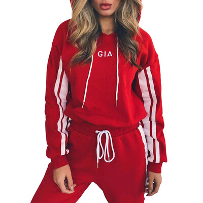 

Women Female Casual Sports Fashion All-match Color Matching Striped Lace Hooded Sweatershirt Suit