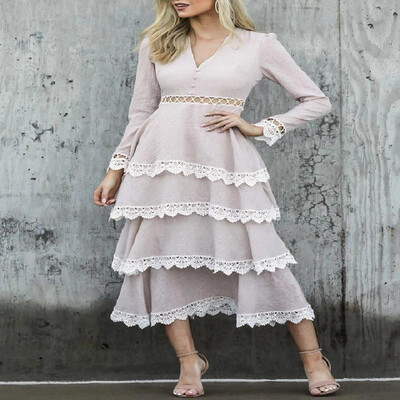 

V-neck Long Sleeve Lace Spliced Solid Eyelets Midi Layered Dress