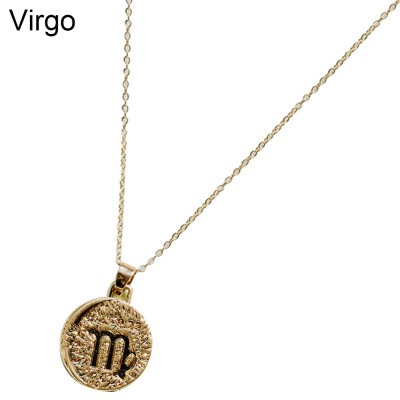 

Vintage Unisex 12 Constellation Zodiac Embossed Pendant Chain Necklace Jewelry