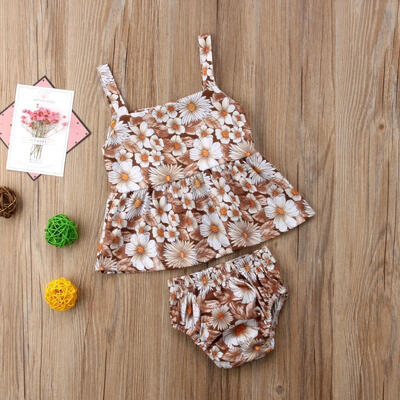 

Baby Girls Sunflower Print SundressBriefs Shorts Beachwear Outfits Set