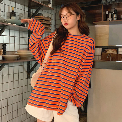 

Autumn Korean Tee Shirt Femme Sexy Loose Large Size T-shirt Round Neck Long Sleeve Thin Striped Casual T shirt