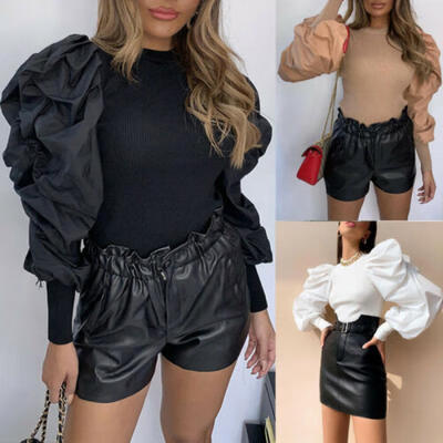 

Women Casual Solid Puff Long Sleeve Knitted Tops Blouse Slim Fit Clubwear Shirts