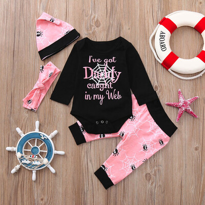 

Newborn Baby Letter Romper Tops Cartoon Prin Pants Cap Halloween Clothes Sets