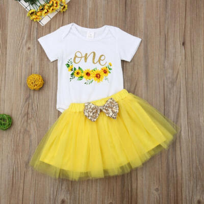 

2pcs Newborn Baby Girl Clothes Sunflower Romper JumpsuitTutu Skirt Outfit Set