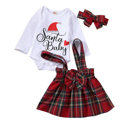 

My First Christmas Infant Baby Girl Romper Plaids Bib Dress 3PCS Xmas Clothes