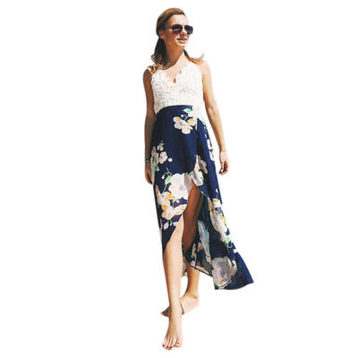 

Summer Sling Dress Women Lace Splicing Print V Neck Split Chiffon Dress