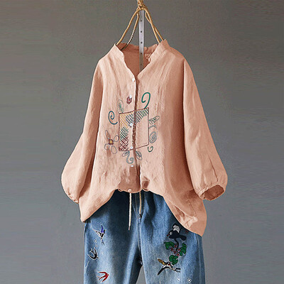 

Roseonmyhand Womens Cotton&Linen Plus Size Embroidery Button V-Neck Casual Blouse Tops