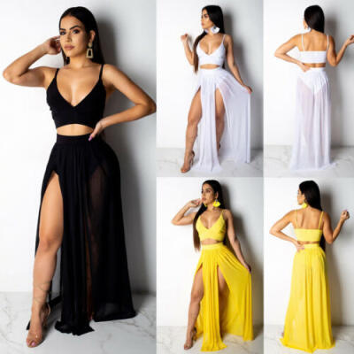 

US Women Sexy Sleeveless Crop Top Skirt Set Split Deep V Two Piece Maxi Dress