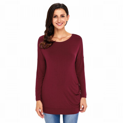 

Double shoulder round long sleeve side button solid color casual straight top