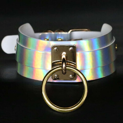 

Trendy Holographic Choker Necklace Women Leather Chocker Handmade Laser Chocker Rainbow Punk Gothic Necklace