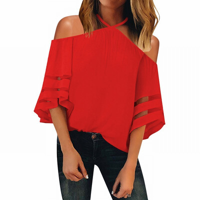 

Shirt Womens sense hanging neck trumpet cuff stitching mesh loose top