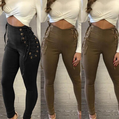 

Women High Waisted Lace-up Tie Skinny Stretch Slim Long Pants Trousers