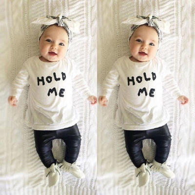 

Baby Toddler Girls Boy Kids HOLD ME T-shirt Tops Blouse PU Leather Pants Outfit