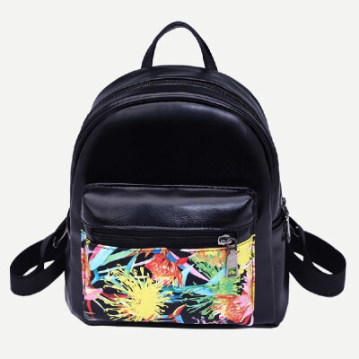 

Women PU Leather Backpack Doodle Print Zipper Adjustable Strap Casual School Travel Bag Black