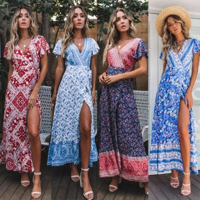 

Women Boho Short Sleeve Floral Midi Dress Summer V-neck Beach Sundress