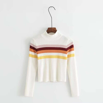 

Women Fashion Sweet Colorful Striped Sweater Autumn Winter Turtleneck Knit Bottoming Top Long Sleeve Sweaters