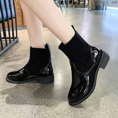 

Low heel Martin boots short boots sleeve knitting mouth high upper shoes casual shoes autumn&winter pure black womens sh