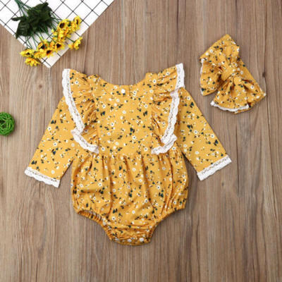 

2019 Newborn Baby Girls Floral Long Sleeve Romper Bodysuit Jumpsuit Headband Set