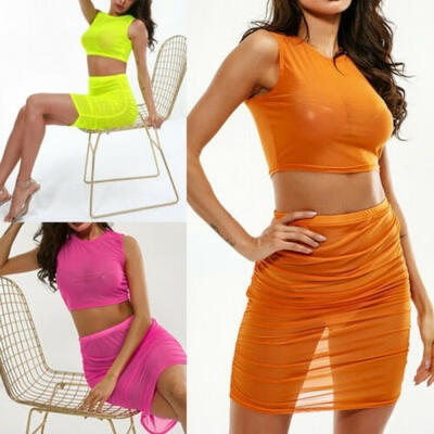 

Women 2 Piece Bodycon Two Piece Crop Top&Skirt Set Bandage Sheer Dress Party