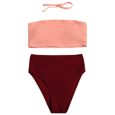 

Strapless Halter Neck Padded Backless Color Blocking High Waist Women Bikini Set