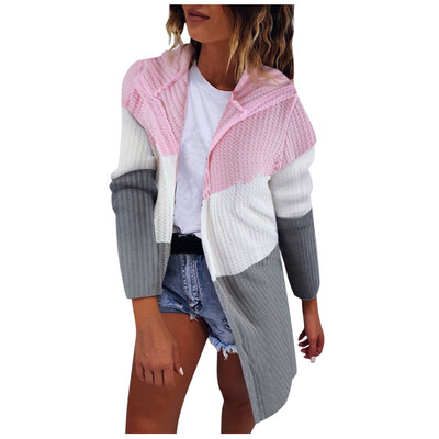 

Toponeto Womens Patchwork Cardigans Open Long Sleeve Hooded Top Cardigan Coat