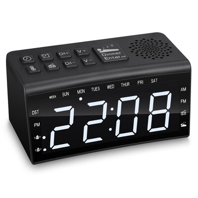 

RA002 Digital Radio Clock Dual Alarms Temperature Snooze Day Time Dimmable Backlit 65-inch LED Screen