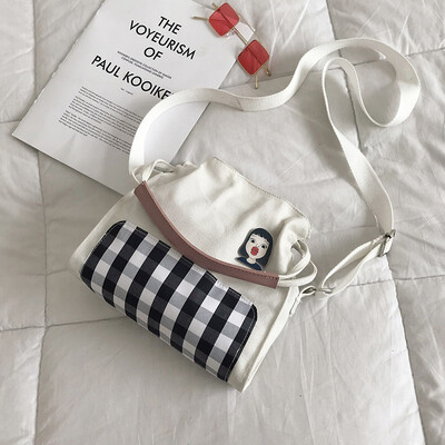 

Cartoon cute shoulder bag 2019 new style plaid portable canvas bag wild fairy slant bucket bag