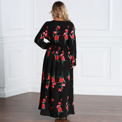 

New Fashion Plus Size Maxi Dress Rose Print O Neck Long Sleeve Elastic Waist Long Dress Black