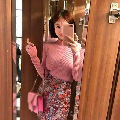 

Women Autumn Winter High Collar Slim Bottom Sweater Tops Solid Color Slim Long-Sleeved Half Fashion Sweater