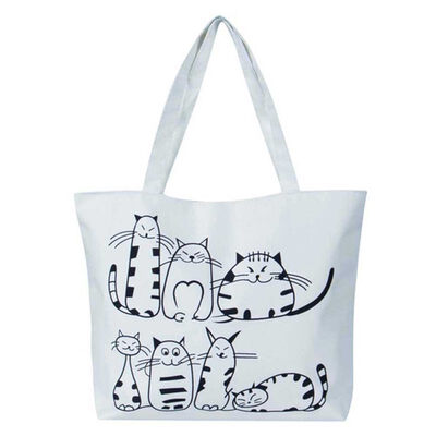 

Cute Cartoon Cats Print Women Zipper Canvas Shoulder Bag Shopping Tote Handbag
