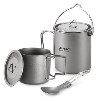 

Lixada Lightweight Titanium 3 Pieces Set Titanium 750ml Pot 350ml Water Cup Mug with Lid Collapsible Handle Folding Spork for Outd