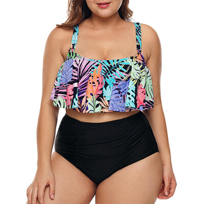 

Plus Size Leaf Print Ruffle Trim Tankini Set