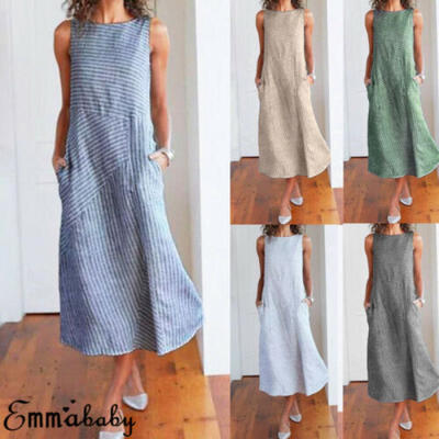 

UK Summer Womens Beach Striped Sleeveless Loose Casual Cotton Linen Long Dress