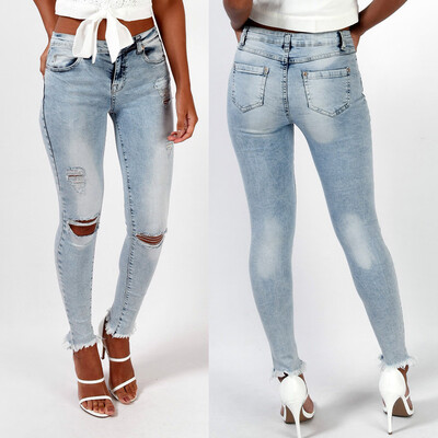 

Tailored Fashion Women Ripped Button Hole Zipper Pocket Trousers Jeans Casual Denim Pants