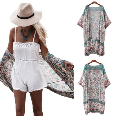 

Vintage Women Chiffon Kimono Cardigan Floral Print Boho Loose Outerwear Beachwear Bikini Cover Up Green