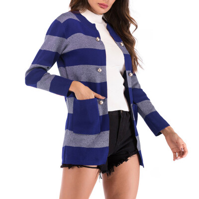 

Toponeto Women Casual Striped Knit Cardigan Button Long Sleeve Jacket Pocket Coat