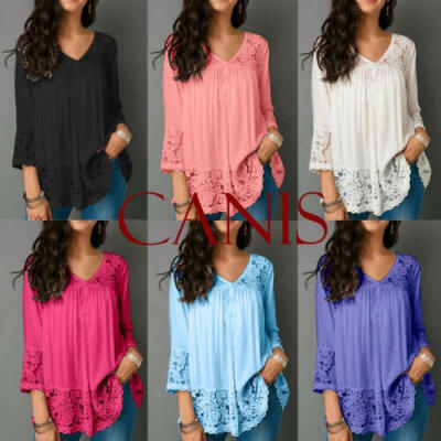 

Plus Size Women Lace 34 Sleeve Blouse Top Ladies V Neck Loose T-shirt Slim Tee