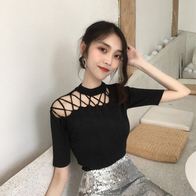

Women V Neck Hollow Out Tops Shirt Short Sleeve Studded T Shirts Casual Blouse