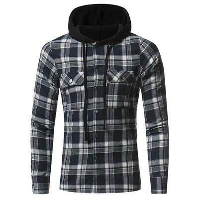

Mens Hooded Quilted Padded Shirt Flannel Plaid Work Jacket Check Casual Tops