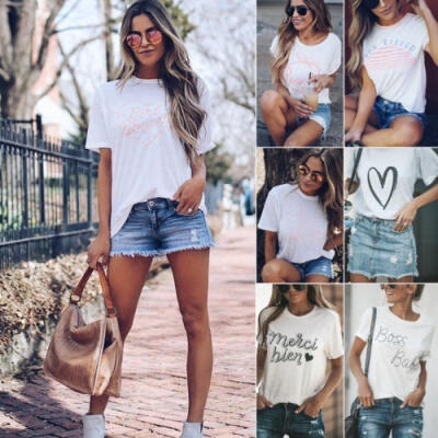 

New summer women Ladies Letter Print Graphic Tee Tops Casual Short Sleeve Loose T-shirt