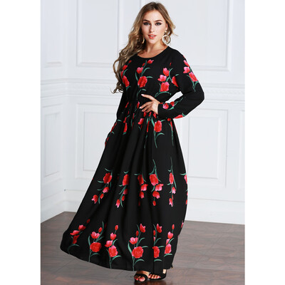 

New Fashion Plus Size Maxi Dress Rose Print O Neck Long Sleeve Elastic Waist Long Dress Black