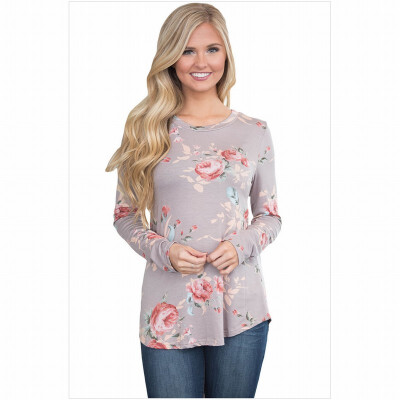 

Round neck long sleeve floral print vintage bohemian straight top