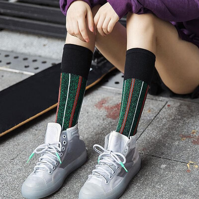 

New Fashion Winter Women Striped High Socks Bling Bling Details Elastic Cotton Girls Sports Warm Socks